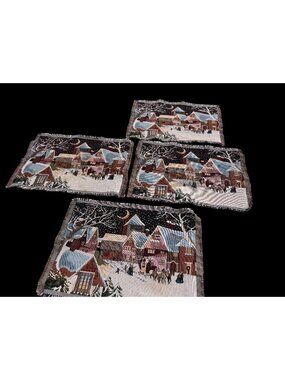 4 Vintage Folk Art Woven Tapestry Placemats Winter Village Scene Crescent Moon